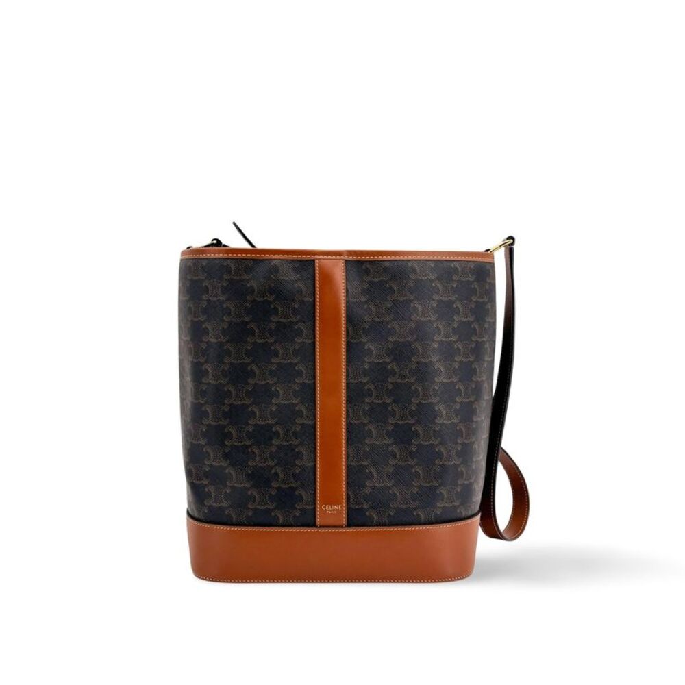 Celine Medium Bucket Bag Triomphe Canvas and Calfskin Tan
